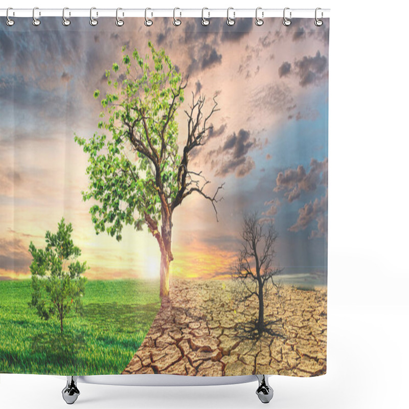 Personality  A Striking Image Depicting The Impact Of Climate Change With A Tree Transitioning From Lush Green To Barren Dry, Symbolizing Environmental Transformation. Shower Curtains