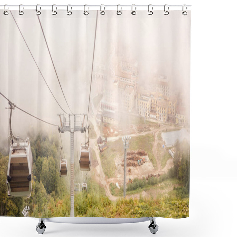 Personality  Picture Of Funicular In Mountains Against Background Of Misty Sky During Day Shower Curtains