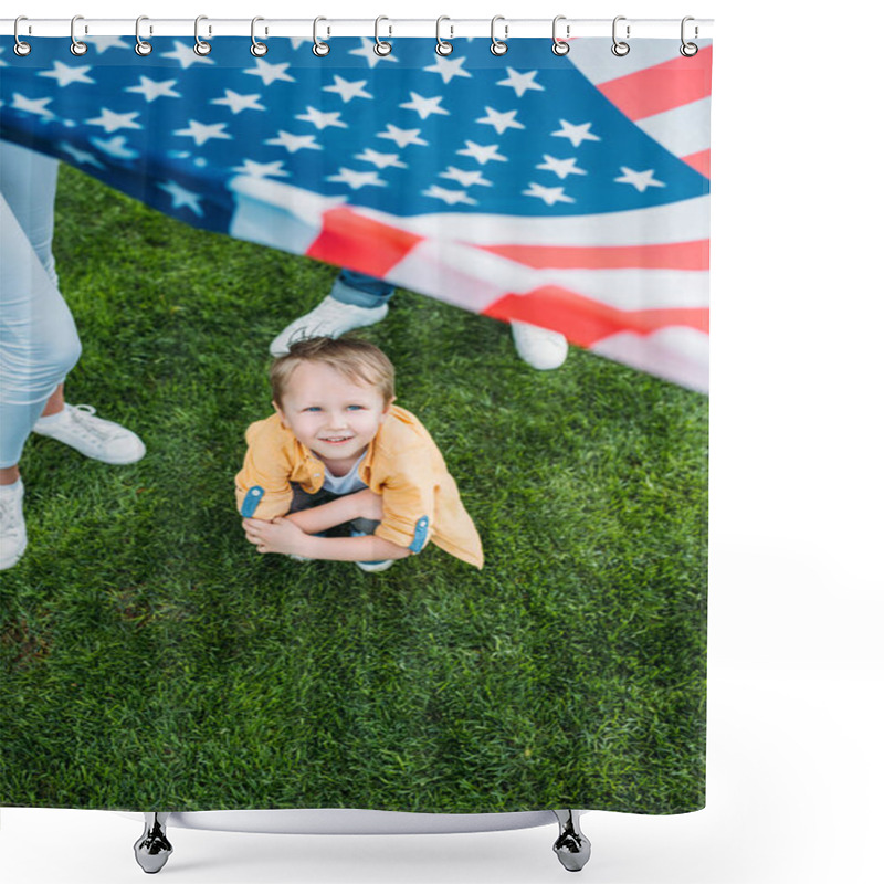 Personality  Cropped Shot Of Parents Holding American Flag And Little Son Crouching On Grass Shower Curtains