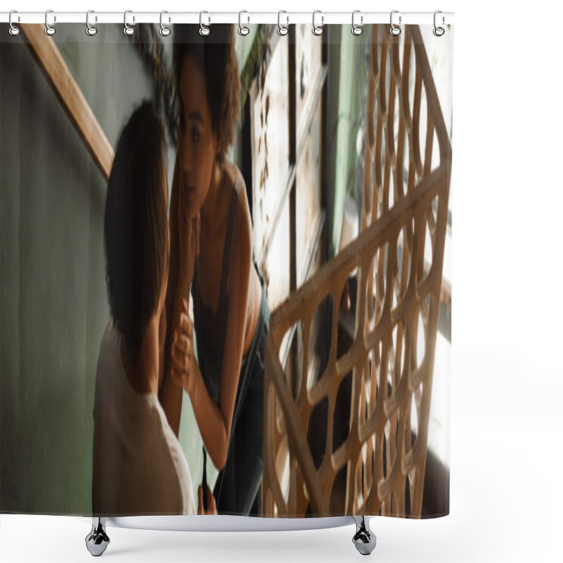 Personality  Young Artist Touching Face Of Sensual African American Woman Near Decorative Lattice In Art Studio, Banner Shower Curtains