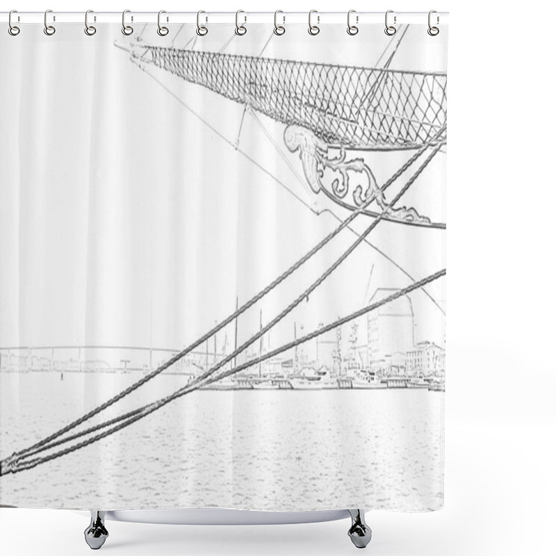 Personality  Pencil Drawing Of The Harbour Of City Stralsund With Sailing Ship At The Foreground Shower Curtains