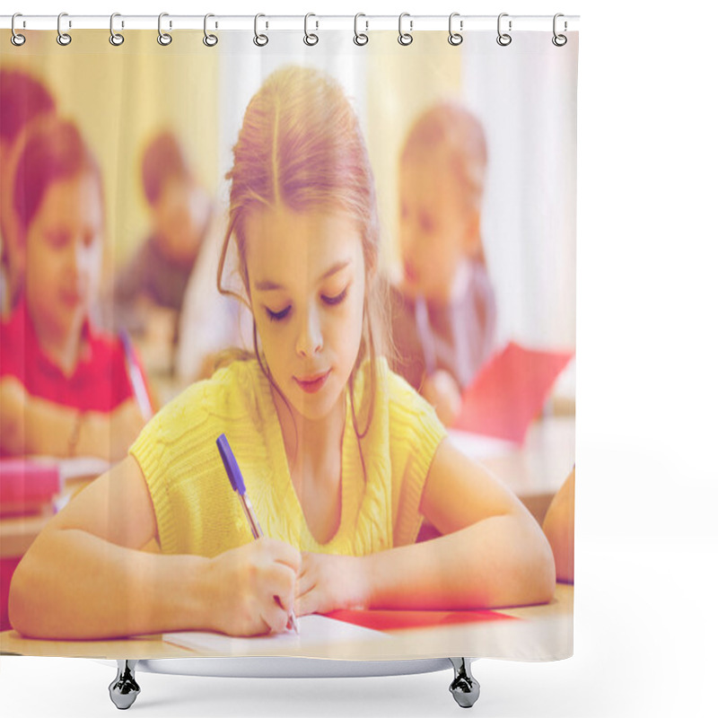 Personality  Group Of School Kids Writing Test In Classroom Shower Curtains