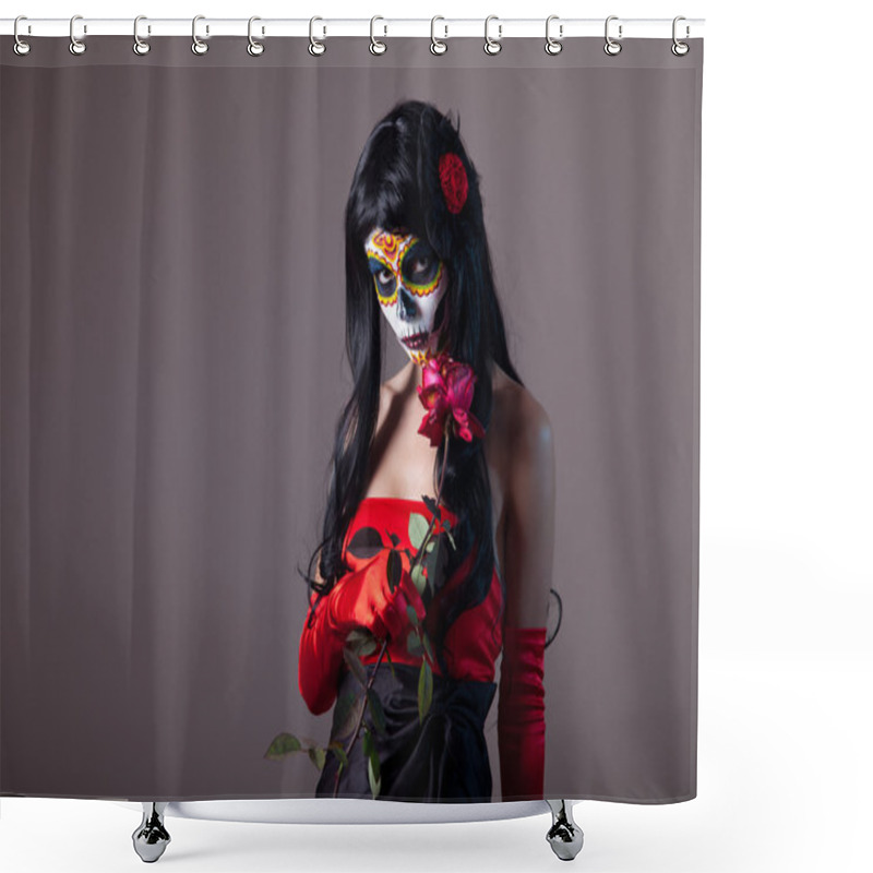 Personality  Sugar Skull Girl Holding Red Rose Shower Curtains