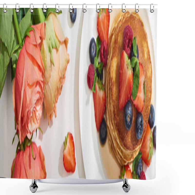 Personality  Top View Of Delicious Pancakes With Honey, Blueberries And Strawberries On Plate Near Roses On Marble White Surface, Panoramic Shot Shower Curtains