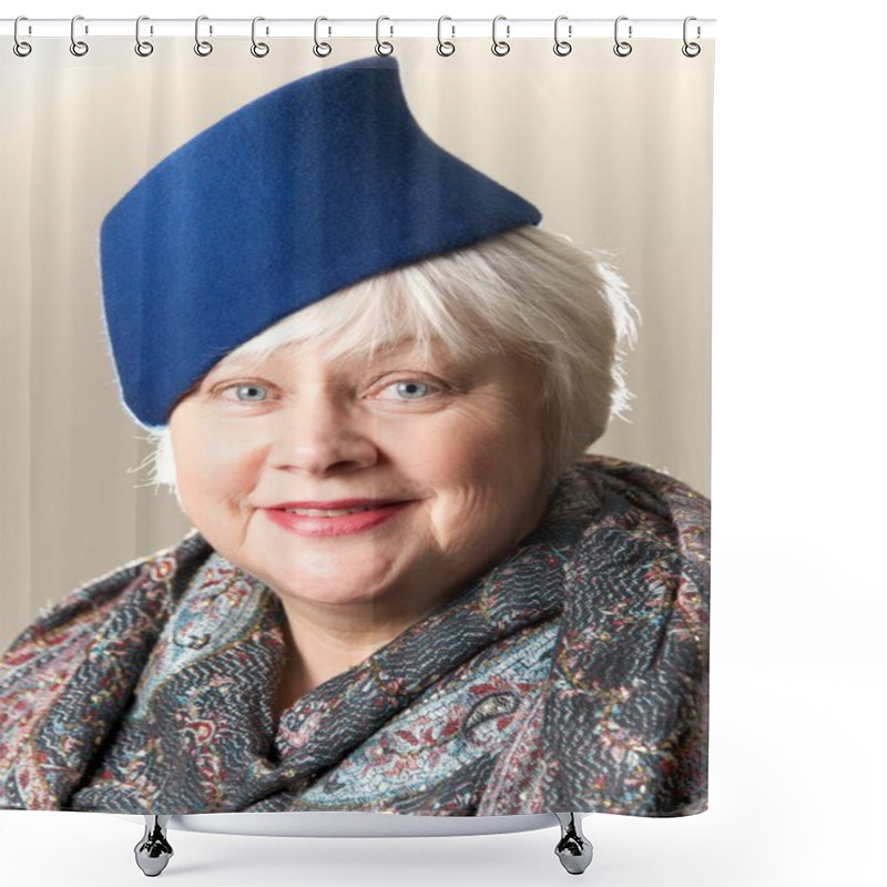 Personality  White-haired Woman In Blue Hat And Shawl Shower Curtains