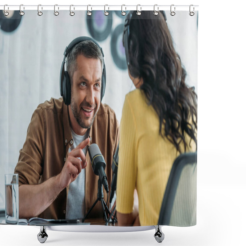 Personality  Smiling Radio Host Gesturing While Talking To Colleague In Broadcasting Studio Shower Curtains