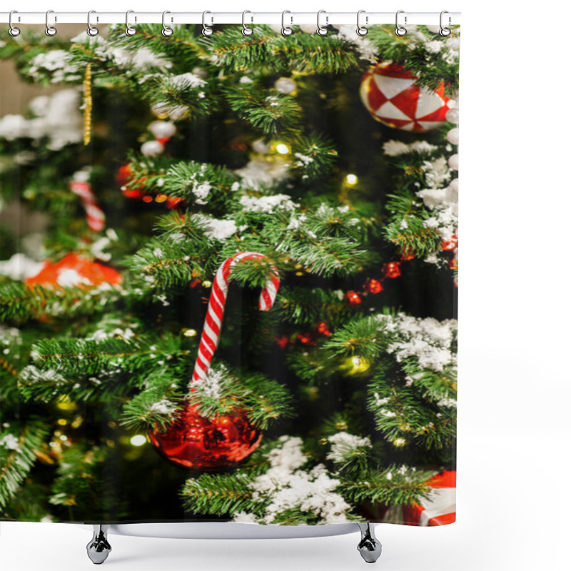 Personality  Photo Of Christmas Tree With Red Balls, Caramel Canes Shower Curtains