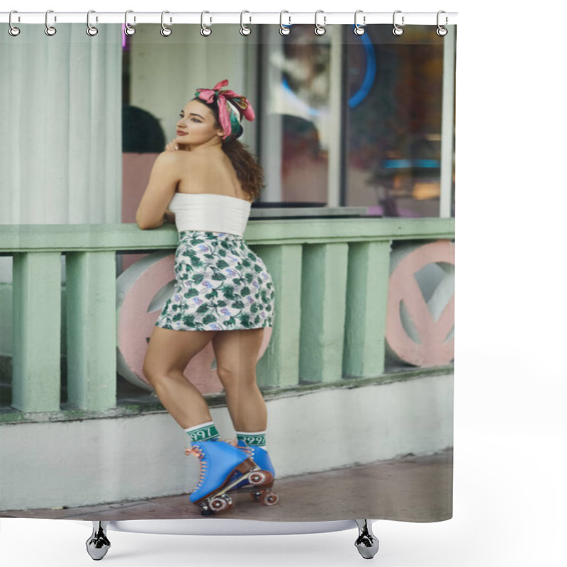 Personality  A Young Woman In Sunglasses And Stylish Attire Poses While Wearing Roller Skates In Miami. Shower Curtains