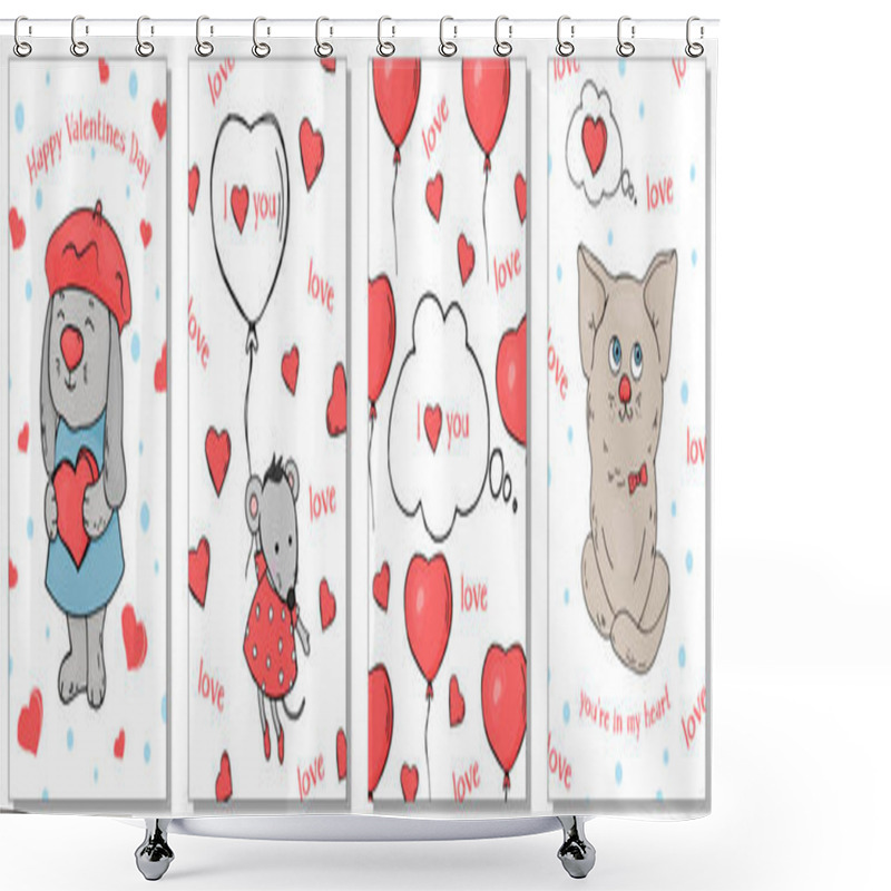 Personality  Collection Of Cards On The Theme Of Valentines Day. Vector Illustration In Sketch Style. Hearts, Cute Animals, Balloons. Shower Curtains