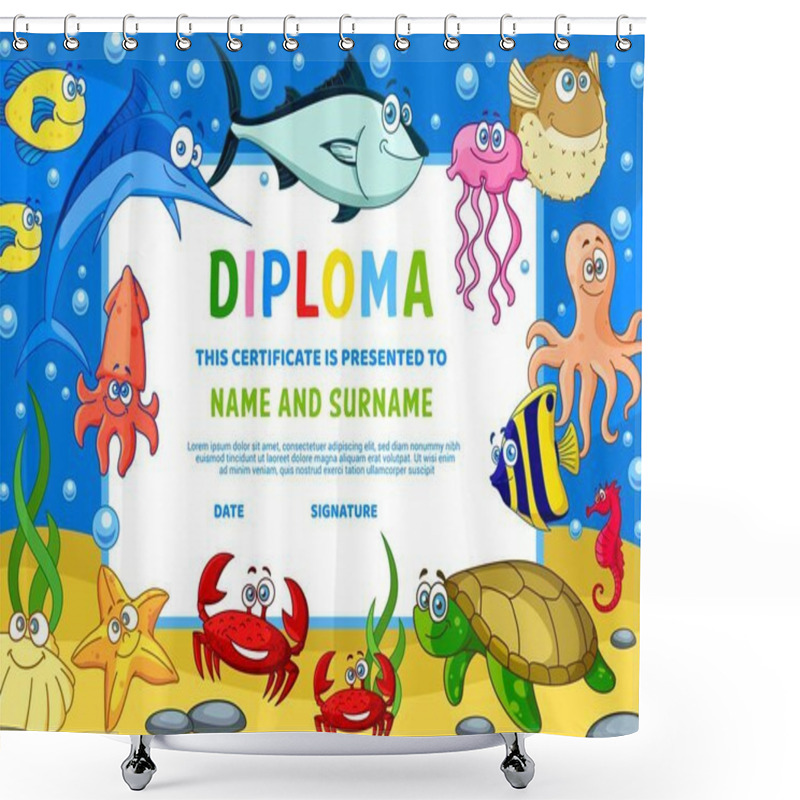 Personality  Kids Diploma With Underwater Animals. Kindergarten Education Certificate With Cute Cartoon Starfish, Squid And Crabs, Octopus, Jellyfish And Tuna, Marlin And Turtle, Fugue And Angel Fish. Kids Diploma Shower Curtains