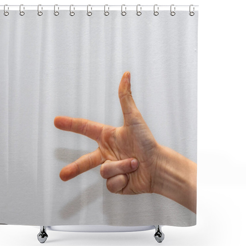 Personality  Single Hand Showing Three Fingers Against A White Background, Symbolizing Counting, Options, Or The Number Three In Various Contexts Shower Curtains