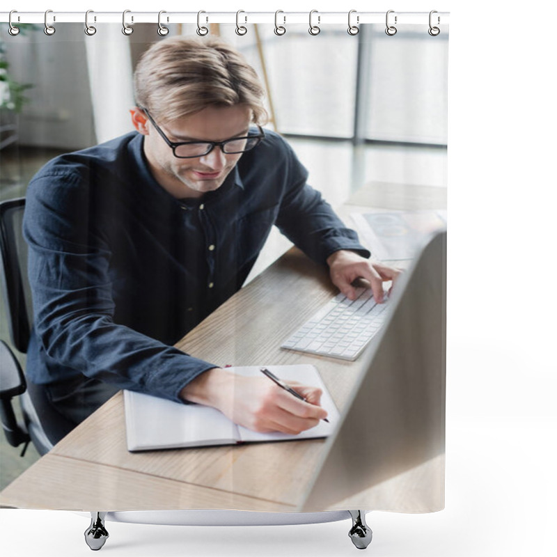 Personality  Programmer In Eyeglasses Writing On Notebook And Using Computer In Office  Shower Curtains