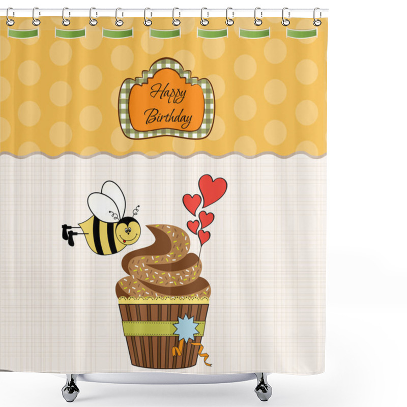 Personality  Birthday Greeting Card With Cupcake And Funny Bee Shower Curtains