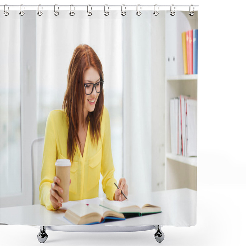 Personality  Smiling Student Girl Reading Books In Library Shower Curtains