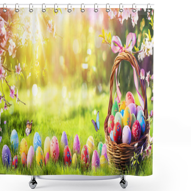 Personality  Easter Painted Eggs In Basket On Grass In Sunny Orchard Shower Curtains