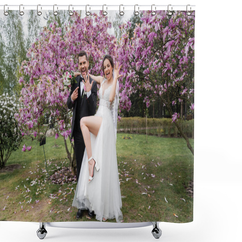 Personality  Cheerful Newlyweds Showing Rings Near Magnolia Trees In Park Shower Curtains