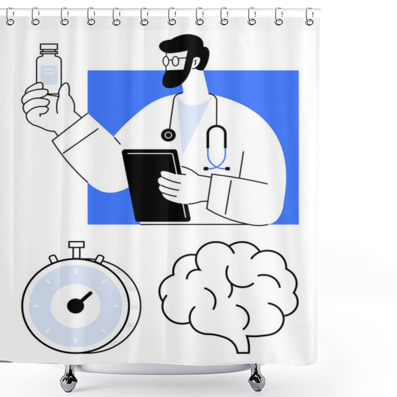 Personality  Doctor Evaluating Medicine, Holding Clipboard Brain Represents Mental Health, Stopwatch Symbolizes Time Management. Ideal For Healthcare, Medical Studies, Treatment Planning, Neuroscience, Research Shower Curtains