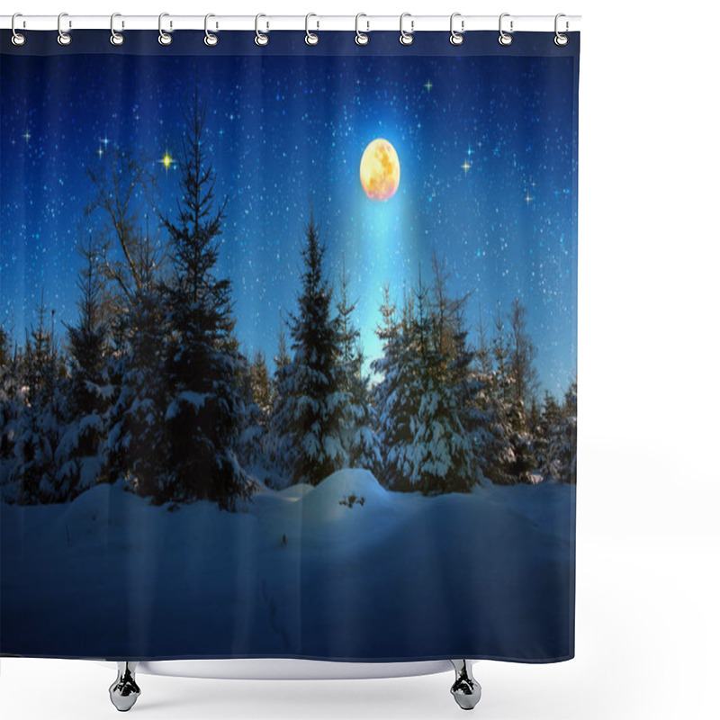 Personality  Christmas Background With Stars And Big Moon In Winter Forest. Shower Curtains