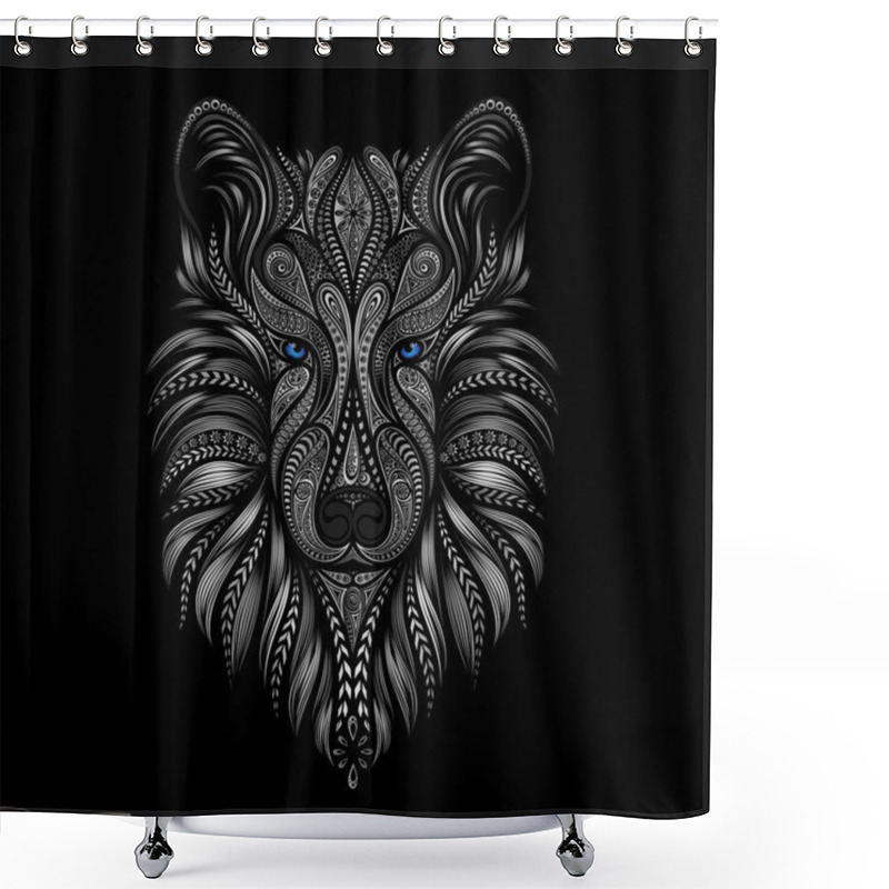 Personality  Husky With Blue Eyes. Vector Dog Of Patterns On A Black Background. Symbol Of The Chinese New Year 2018. Shower Curtains