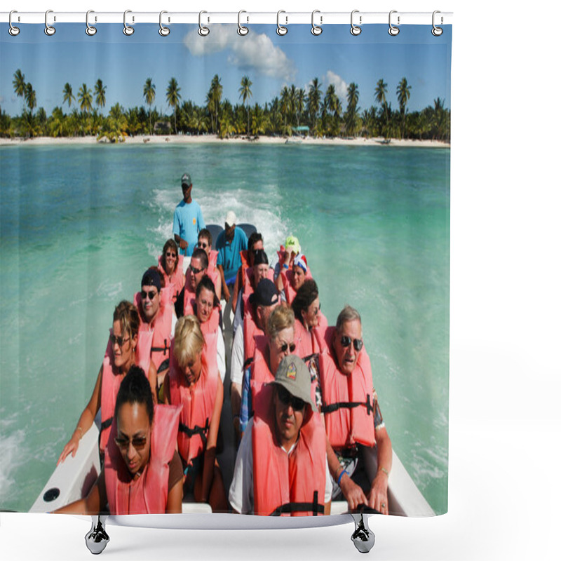 Personality  Tourists On A Boat On The Way To The Beach Shower Curtains