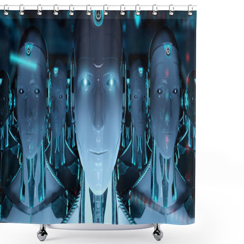 Personality  Group Of Male Robots Following Leader Cyborg Army 3d Rendering Shower Curtains