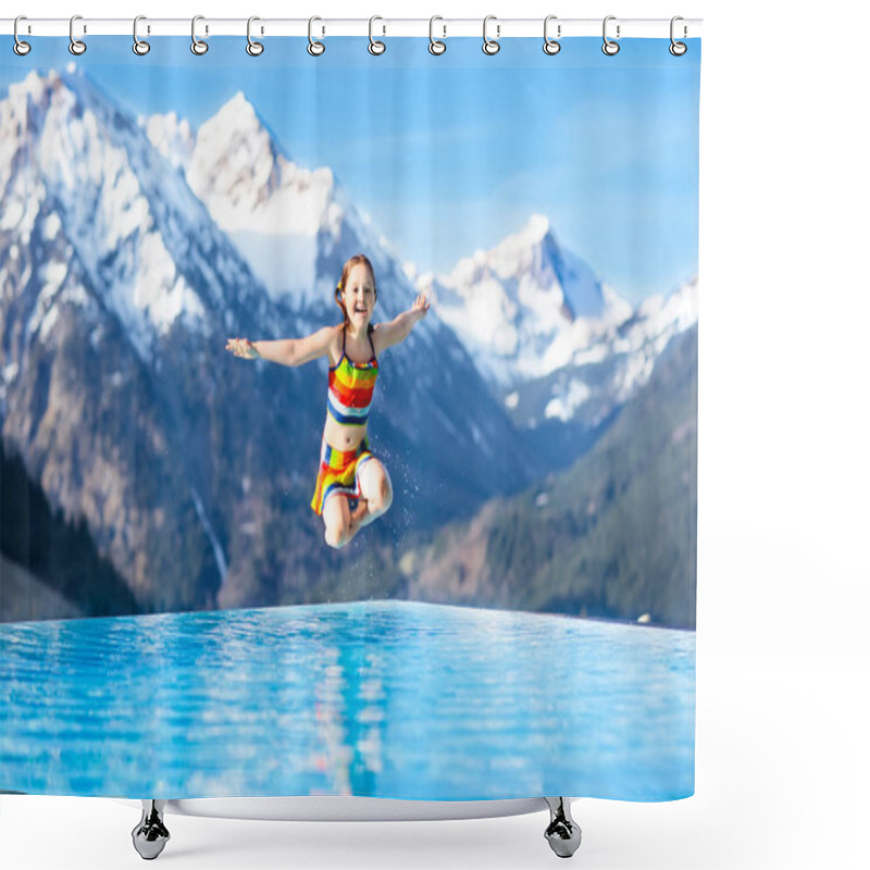 Personality  Child In Outdoor Swimming Pool Of Alpine Resort Shower Curtains