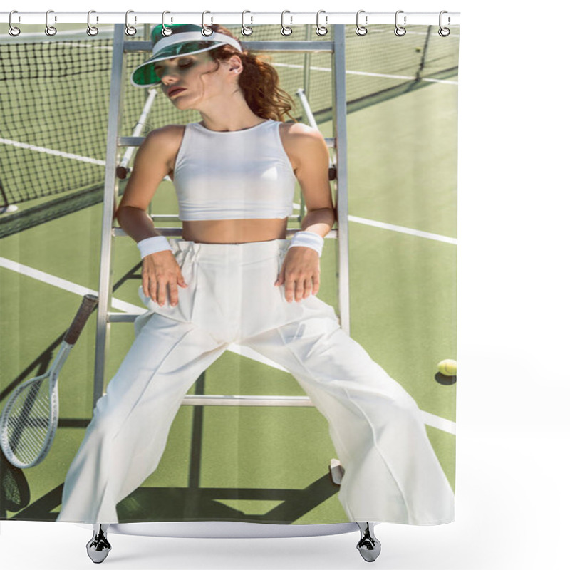 Personality  Young Woman In Stylish White Clothing And Cap Posing On Referee Chair On Tennis Court Shower Curtains