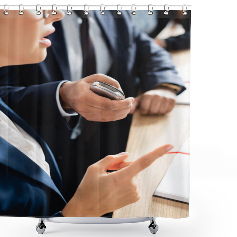 Personality  Cropped View Of Correspondent With Dictaphone Interviewing Politician Pointing With Finger During Press Conference On Blurred Background Shower Curtains