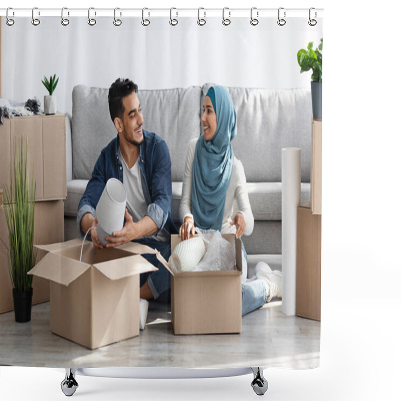 Personality  Cheerful Arab Family Unpacking Belongings, Moving To New Apartment Shower Curtains