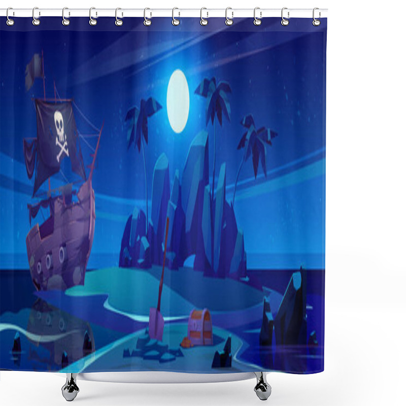 Personality  Pirate Ship Moored On Night Island With Treasure Shower Curtains