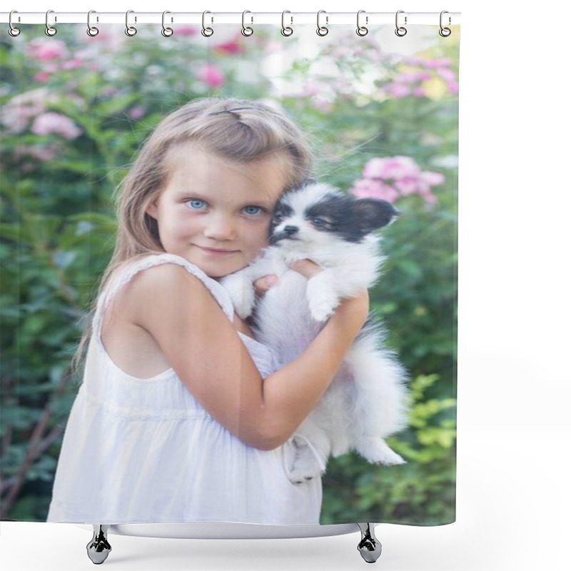 Personality  Portrait Of A Girl With A Puppy Shower Curtains