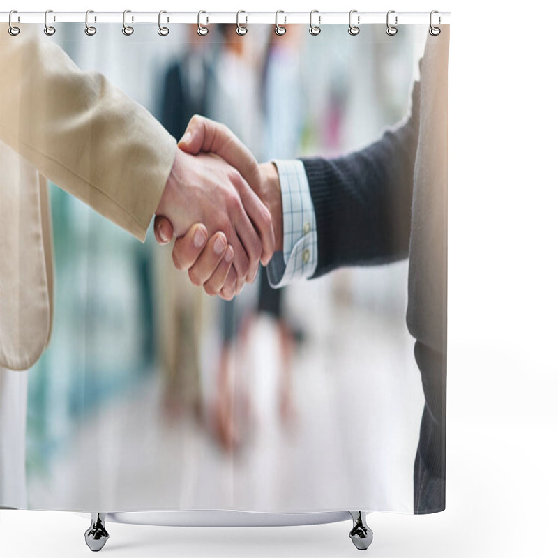 Personality  Business People, Meeting And Shaking Hands With Introduction, Hello And Agreement Or Negotiation Success. Lawyer, Attorney Or Clients With Handshake For Consultation, Deal And Advice With Legal Case. Shower Curtains