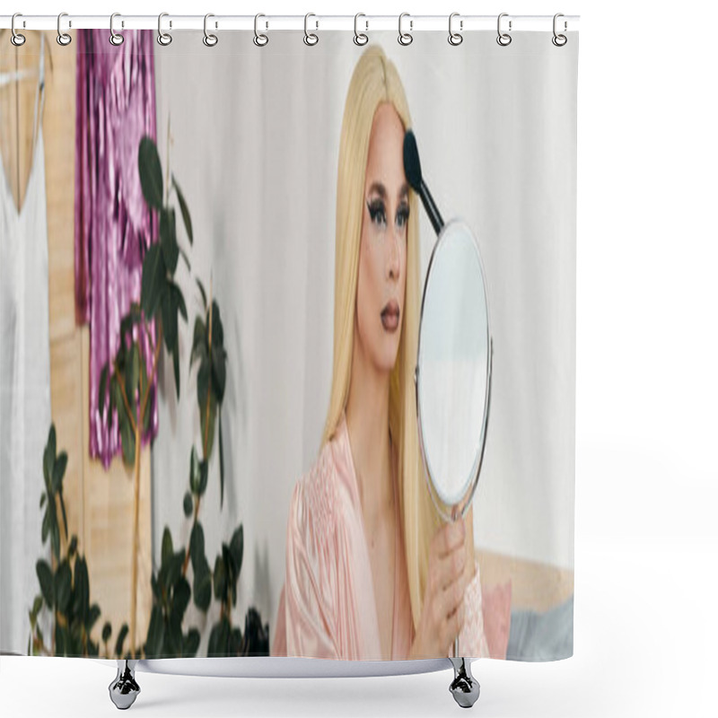 Personality  An Attractive Young Drag Queen Applies Makeup With Style In A Trendy Setting. Shower Curtains