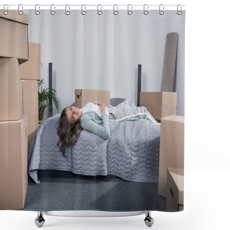 Personality  Woman Lying On Bed At Home Shower Curtains