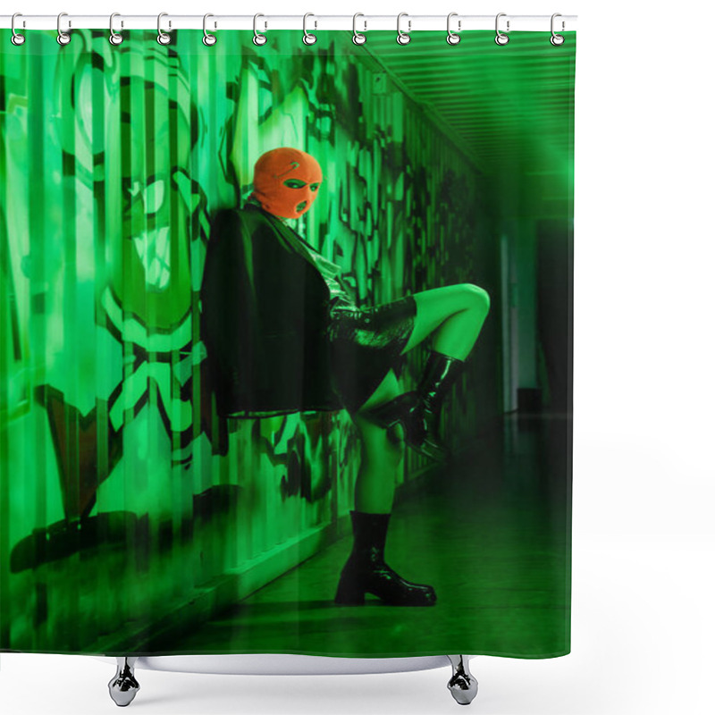 Personality  Full Length Of Sexy Woman In Stylish Leather Boots And Orange Balaclava Standing Near Wall With Graffiti In Green Lighting Shower Curtains