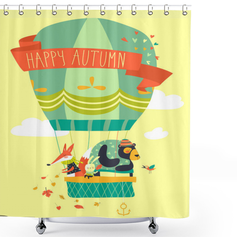 Personality  Funny Friendly Animals In Hot Air Balloon. Hello Autumn Shower Curtains