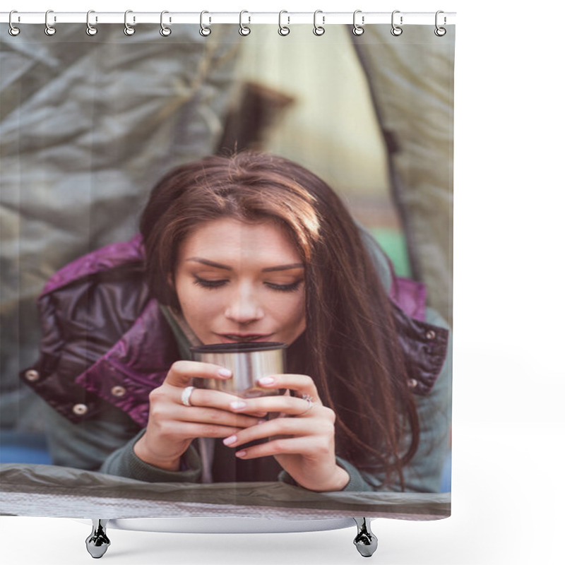 Personality  Woman In Tent Holding Metallic Cup Shower Curtains