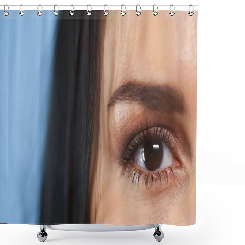 Personality  Cropped View Of Brunette Woman Looking At Camera Isolated On Blue Shower Curtains