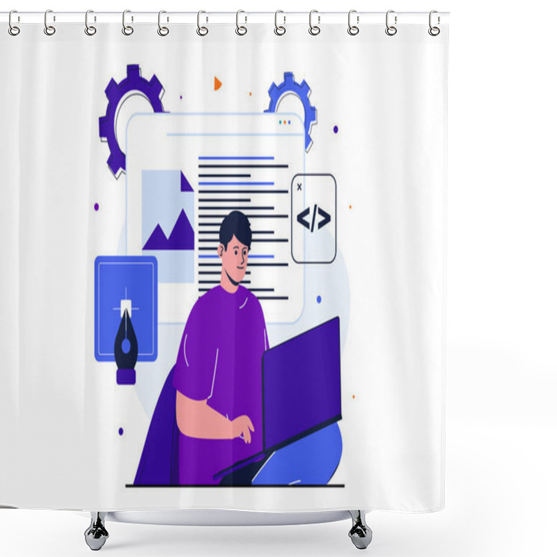 Personality  Designer Studio Modern Flat Concept For Web Banner Design. Man Developer Works On Laptop, Writes Code And Scripts, Creates And Optimizes Website Layout. Illustration With Isolated People Scene Shower Curtains