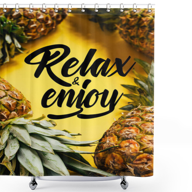 Personality  Selective Focus Of Fresh Ripe Pineapples With Green Leaves On Yellow Background With Relax And Enjoy Illustration Shower Curtains