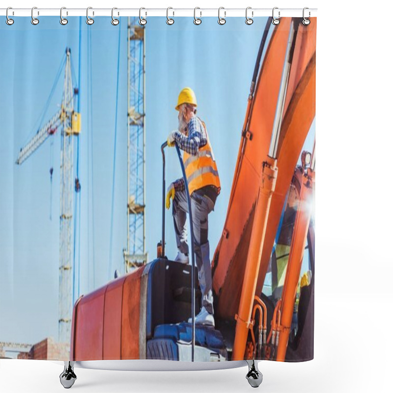 Personality  Construction Worker On Top Of Excavator Cabin Shower Curtains