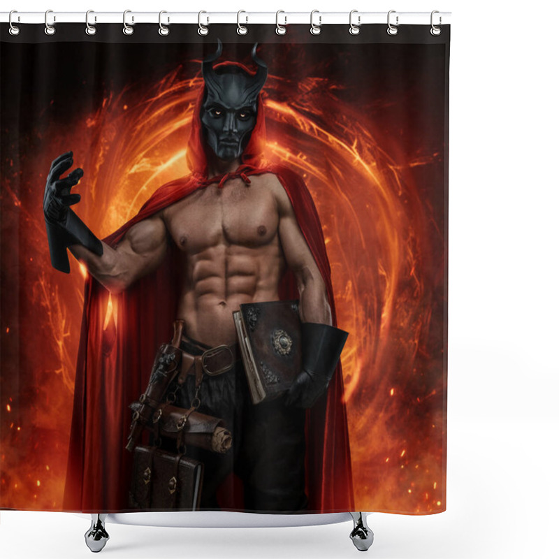 Personality  Portrait Of Mystical Wizard With Muscular Build And Horned Mask Against Dark Background. Shower Curtains