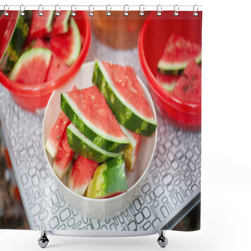 Personality  Juicy Watermelon. Slices Of Watermelon On The Table. Tasty Big Berry. Girl Takes A Slice Of Watermelon. Juicy And Wholesome Treat. Children's Diet Is Fruit. Shower Curtains