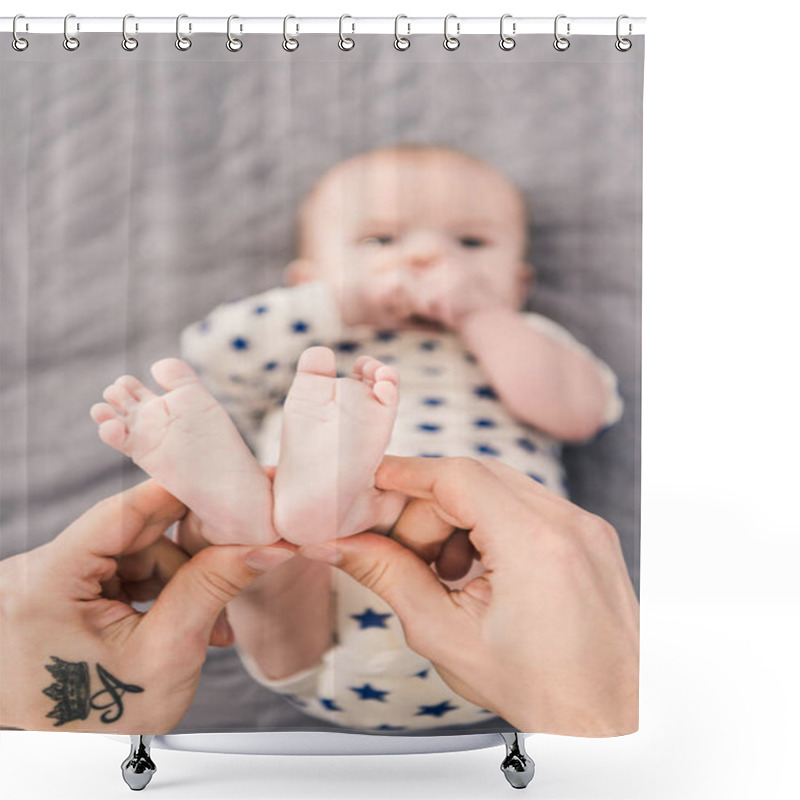 Personality  Cropped Shot Of Father Holding Little Sons Feet In Hands Shower Curtains