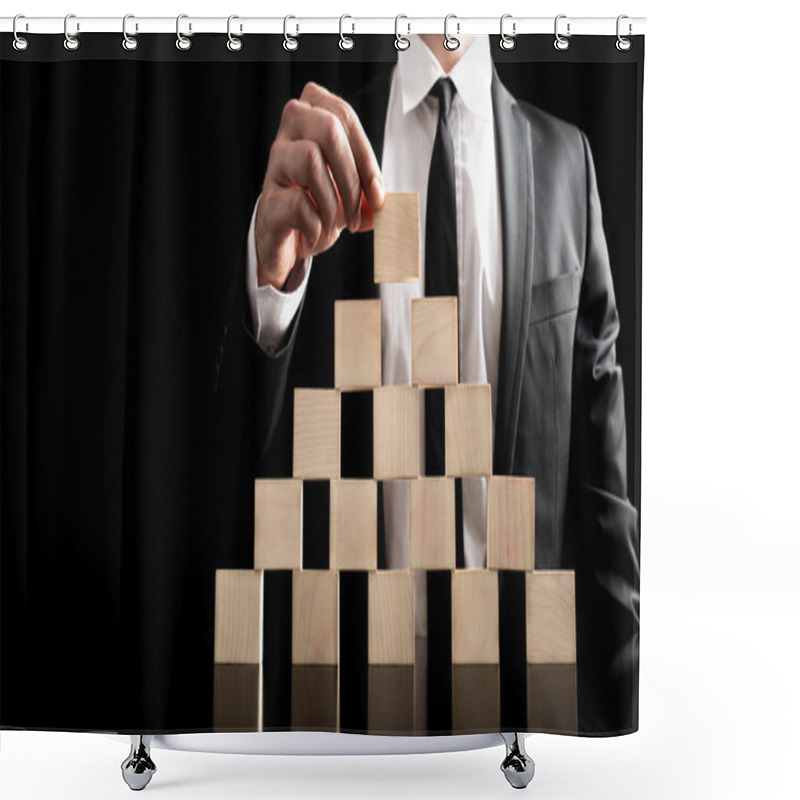 Personality  Businessman Arranging Wooden Blocks To Pyramid Shower Curtains