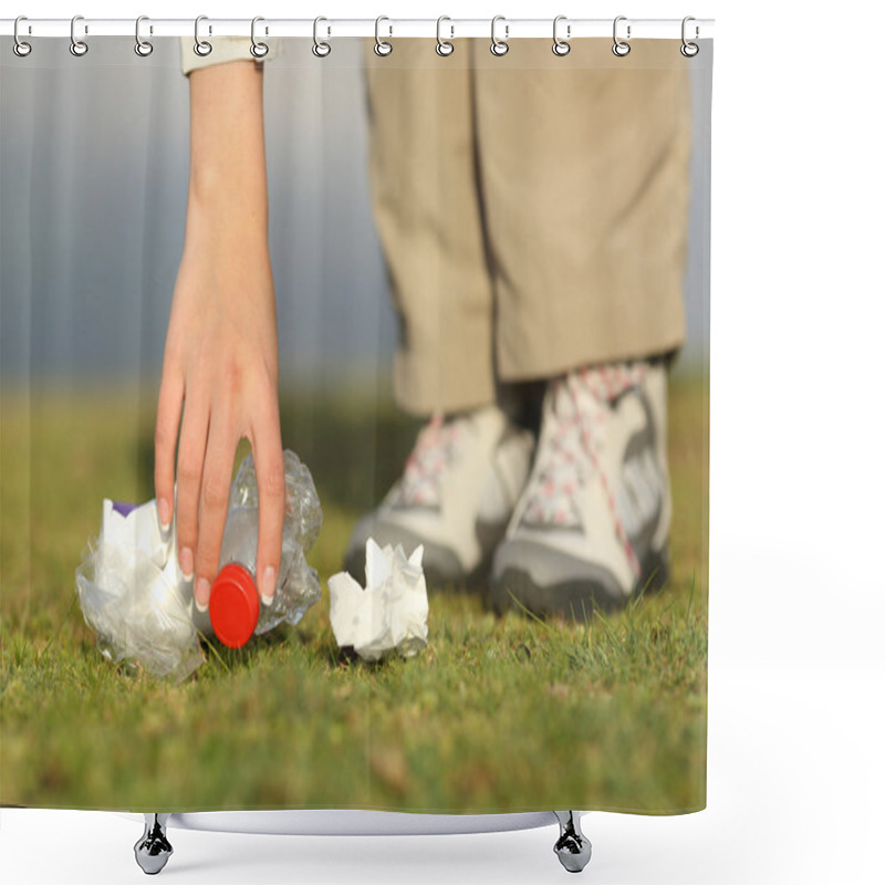 Personality  Eco Hiker Hand Collecting Garbage In The Mountain Shower Curtains