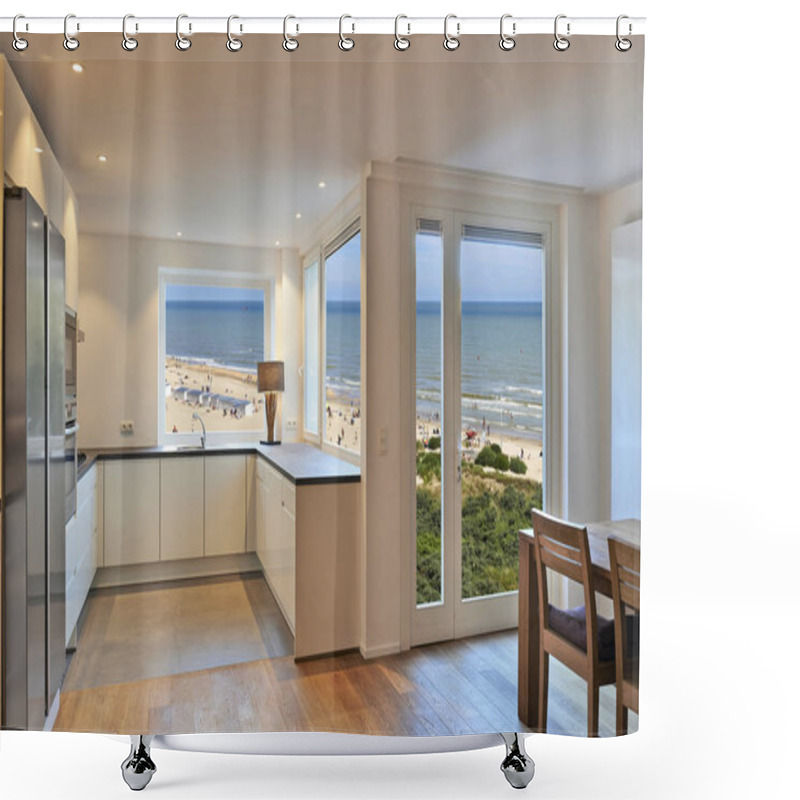 Personality  Kitchen In Renovated House With View On Beach At Summer Shower Curtains