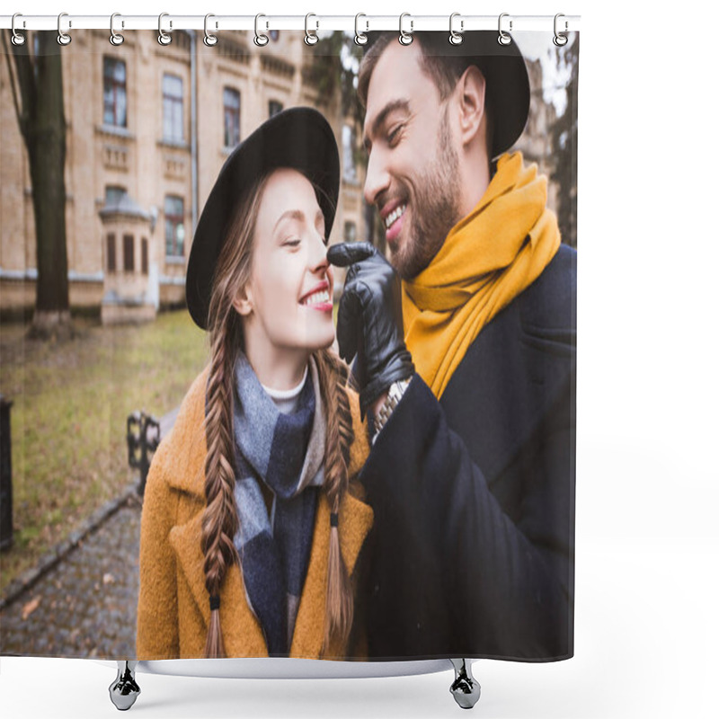 Personality  Happy Beardman Touching Nose Of His Girlfriend By Finger Shower Curtains