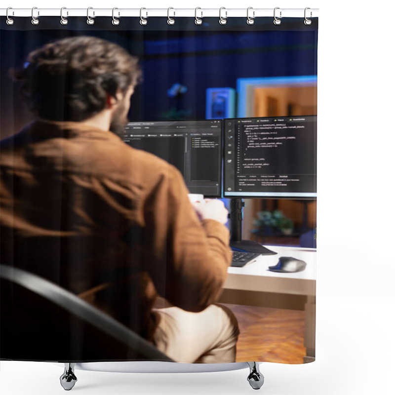 Personality  Computer Engineer Doing Software Quality Assurance, Reading Source Code On Screen Before Implementing It. IT Admin Inspecting Coding On Desktop PC, Looking To Fix Potential Issues Shower Curtains