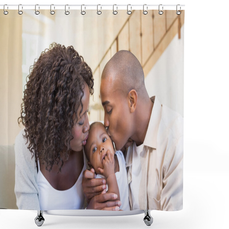 Personality  Happy Young Parents Spending Time With Baby On The Couch Shower Curtains